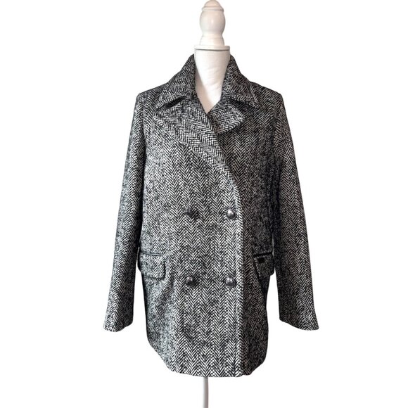 NWT Superdry Wool Tweed Peacoat Grey Herringbone Double Breasted Womens Large - Picture 1 of 9